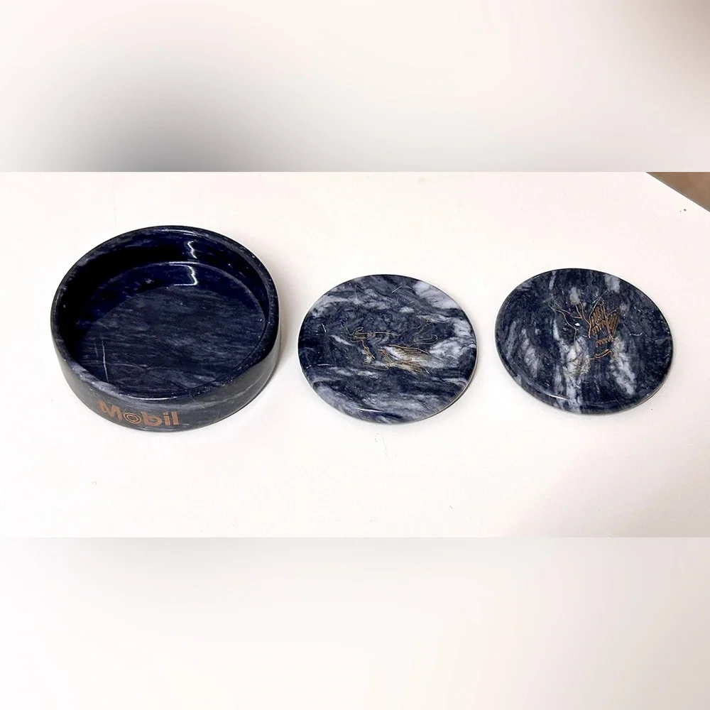 Vtg Executive Set of 2 Black Marble MOBIL Gas Oil Pegasus Logo Drink Coasters